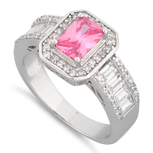 Sterling Silver Emerald Cut Pink Clear CZ Ring