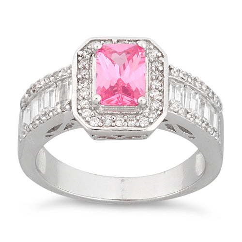 Sterling Silver Emerald Cut Pink Clear CZ Ring