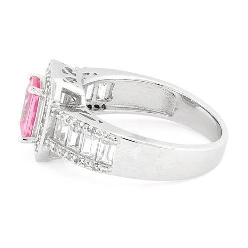 Sterling Silver Emerald Cut Pink Clear CZ Ring