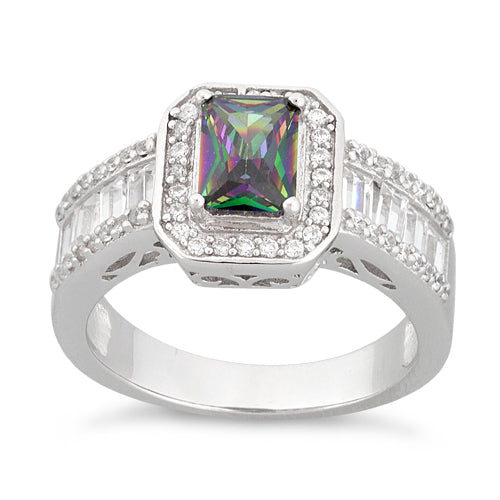 Sterling Silver Emerald Cut Rainbow Topaz Clear CZ Ring