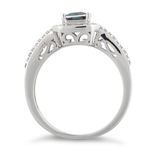 Sterling Silver Emerald Cut Rainbow Topaz Clear CZ Ring