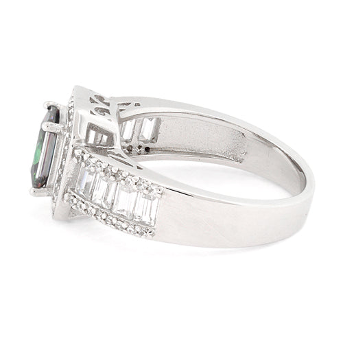 Sterling Silver Emerald Cut Rainbow Topaz Clear CZ Ring