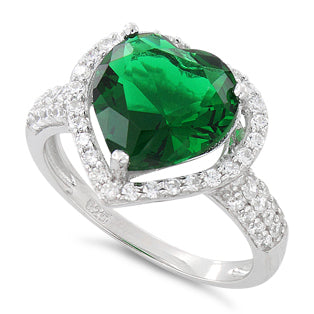 Sterling Silver Emerald Heart Halo CZ Ring