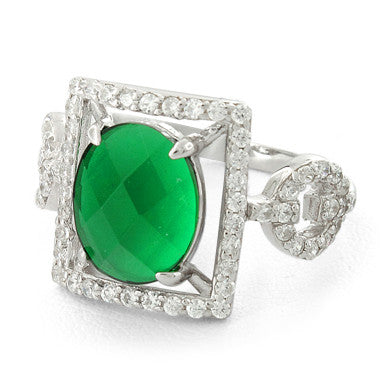 Sterling Silver Emerald Oval Framed CZ Ring