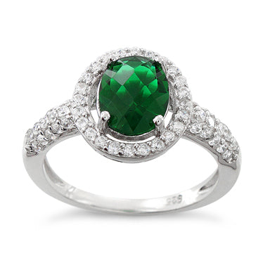 Sterling Silver Emerald Oval Halo CZ Ring