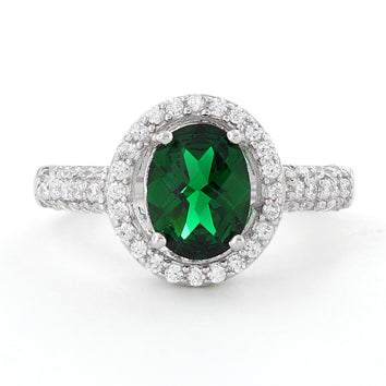 Sterling Silver Emerald Oval Halo CZ Ring