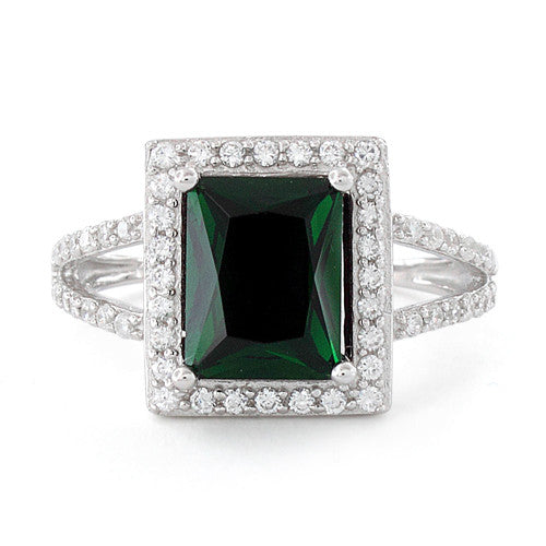 Sterling Silver Emerald Rectangular Halo CZ Ring