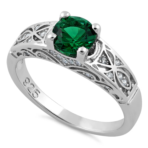 Sterling Silver Emerald Round Cut Engagement CZ Ring