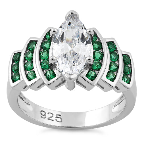 Sterling Silver Emerald Spinel Marquise Clear CZ Ring