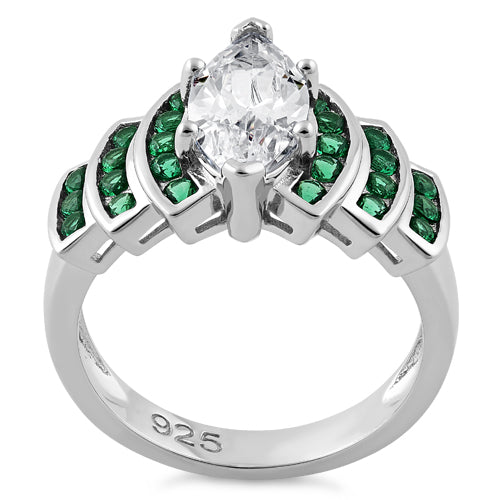 Sterling Silver Emerald Spinel Marquise Clear CZ Ring