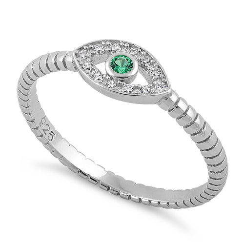 Sterling Silver Emerald Stone Evil Eye CZ Ring