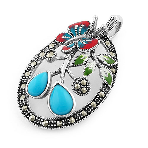 Sterling Silver Enamel Butterfly & Flowers Simulated Turquoise Marcasite Pendant