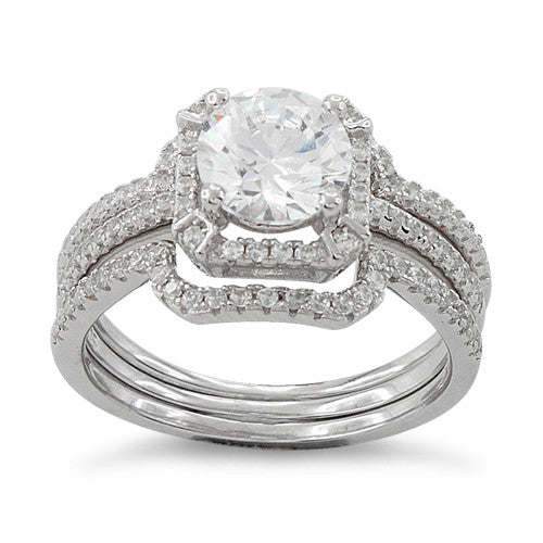Sterling Silver Engagement Round Halo Pave CZ Set Ring