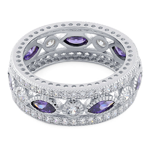 Sterling Silver Eternity Marquise & Round Amethyst CZ Ring