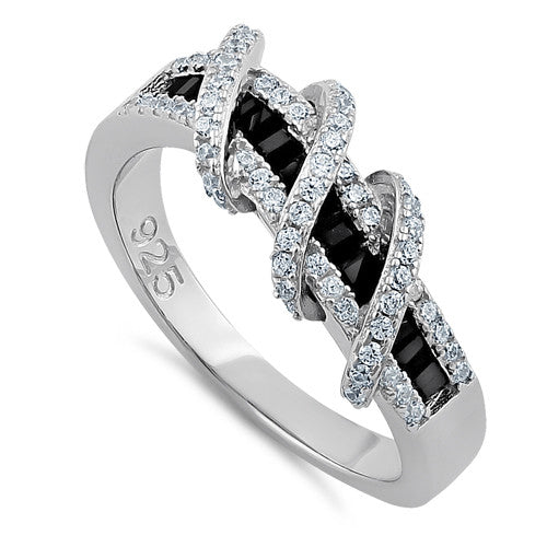 Sterling Silver Exotic Twisted Black & Clear CZ Ring