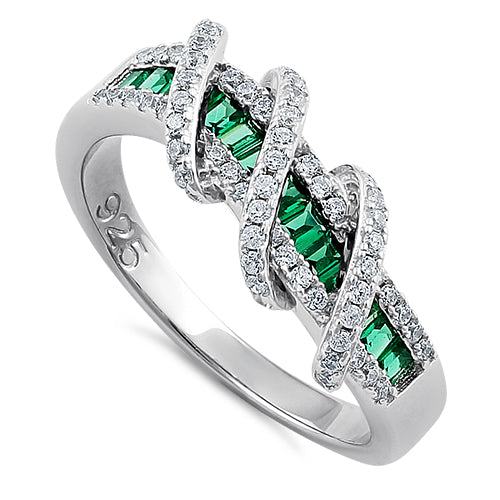 Sterling Silver Exotic Twisted Green & Clear CZ Ring