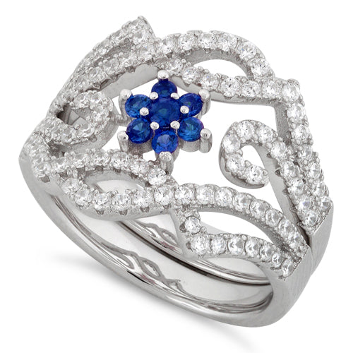 Sterling Silver Fancy Blue Sapphire Flower Removable CZ Ring