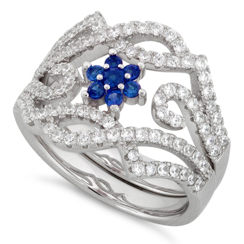 Sterling Silver Fancy Blue Sapphire Flower Removable CZ Ring