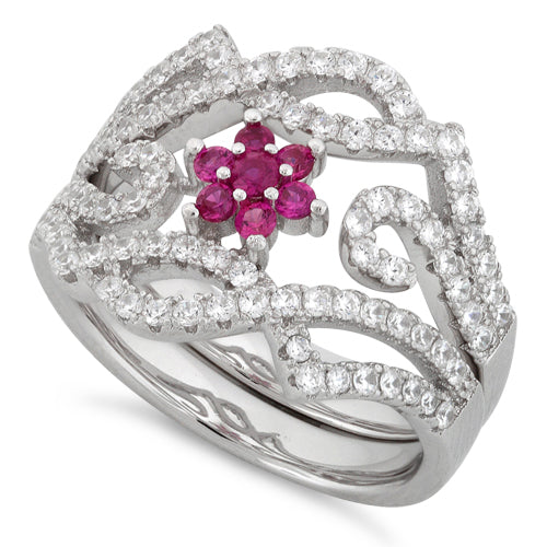 Sterling Silver Fancy Ruby Flower Removable CZ Ring