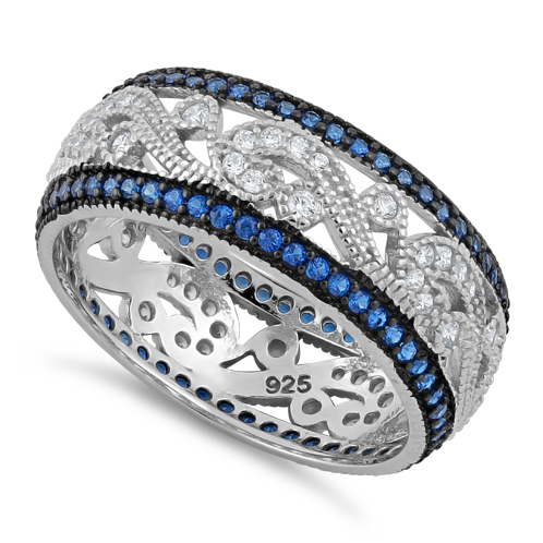 Sterling Silver Filigree Blue Spinel CZ Black Plating Ring