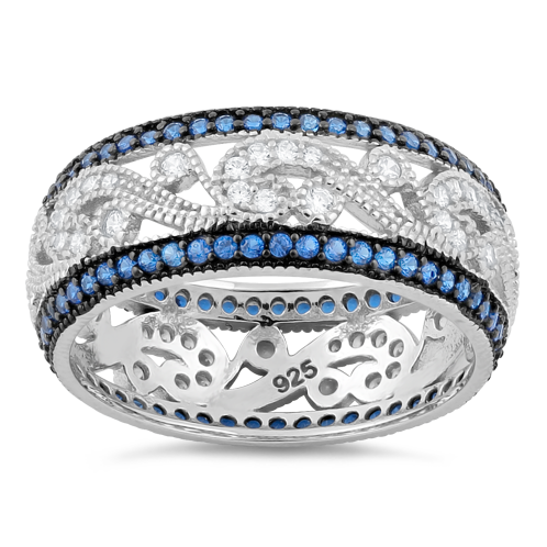 Sterling Silver Filigree Blue Spinel CZ Black Plating Ring