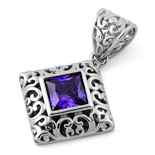 Sterling Silver Filigree Square Amethyst CZ Pendant