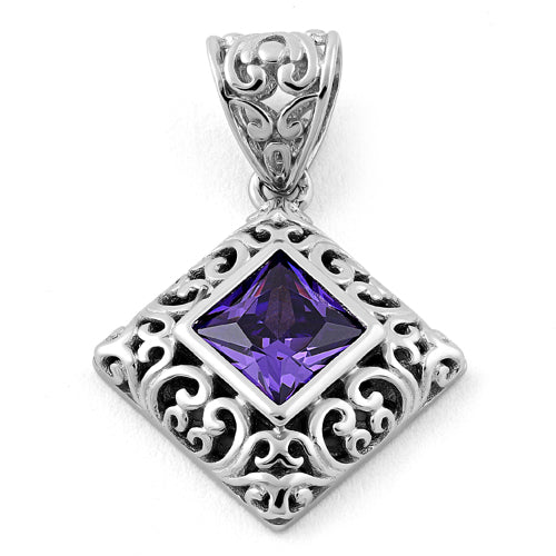 Sterling Silver Filigree Square Amethyst CZ Pendant