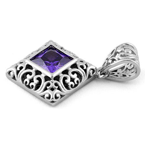 Sterling Silver Filigree Square Amethyst CZ Pendant