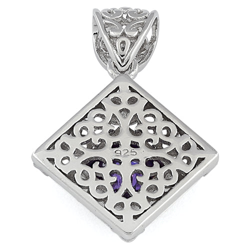 Sterling Silver Filigree Square Amethyst CZ Pendant