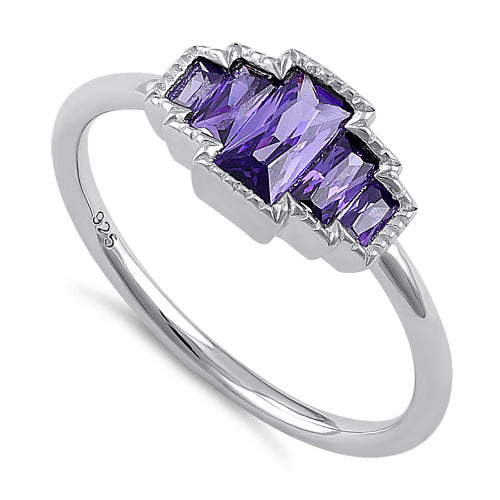 Sterling Silver Five Radiant Cut Amethyst CZ Ring