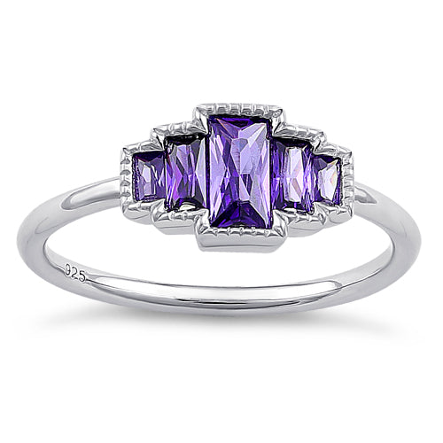 Sterling Silver Five Radiant Cut Amethyst CZ Ring