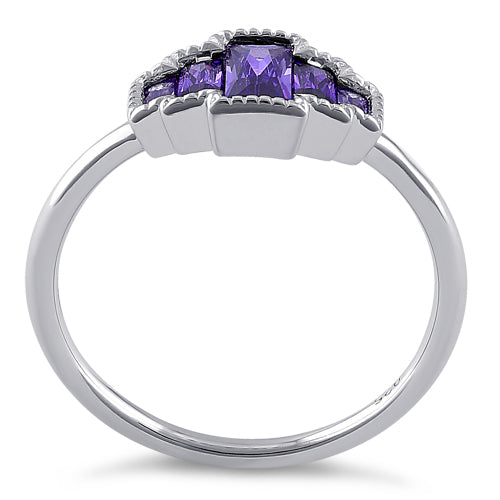 Sterling Silver Five Radiant Cut Amethyst CZ Ring