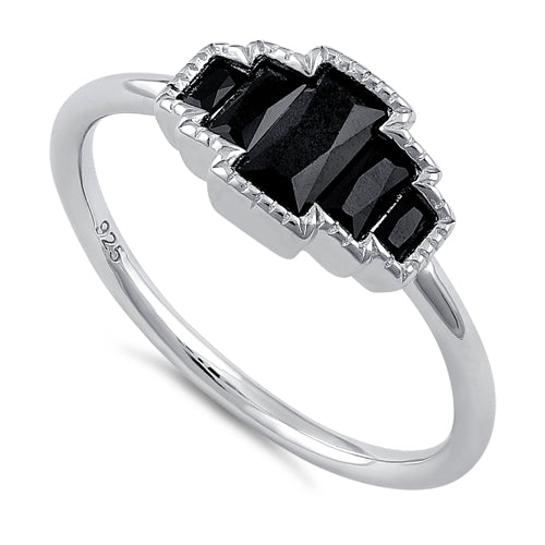 Sterling Silver Five Radiant Cut Black CZ Ring