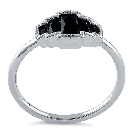 Sterling Silver Five Radiant Cut Black CZ Ring