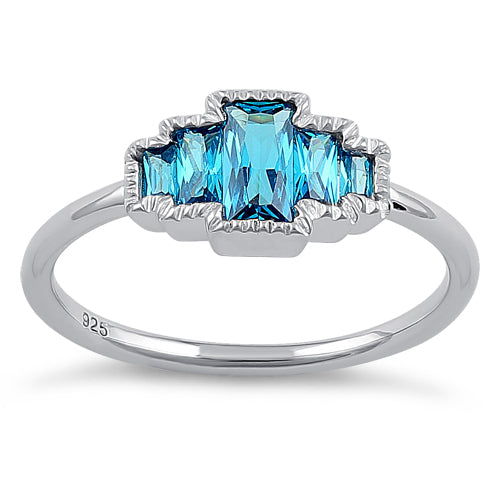 Sterling Silver Five Radiant Cut Aqua Blue CZ Ring