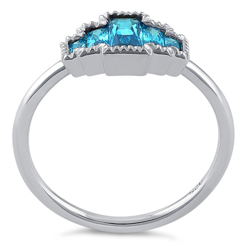 Sterling Silver Five Radiant Cut Aqua Blue CZ Ring