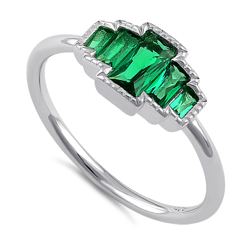 Sterling Silver Five Radiant Cut Emerald CZ Ring