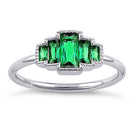 Sterling Silver Five Radiant Cut Emerald CZ Ring