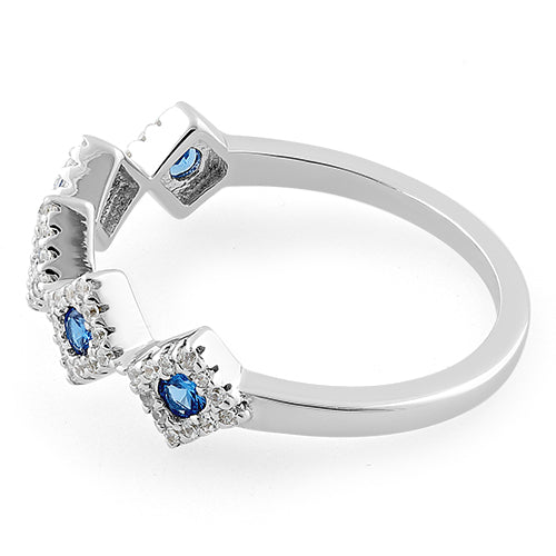 Sterling Silver Fiver Diamond Shape Blue Spinel CZ Ring