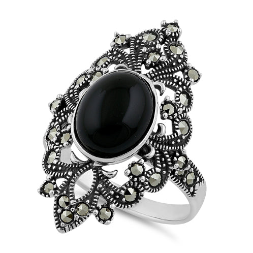 Sterling Silver Fleur de Lis Black Onyx Marcasite Ring