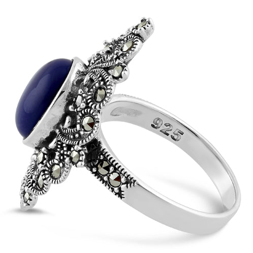 Sterling Silver Fleur de Lis Blue Lapis Marcasite Ring