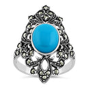 Sterling Silver Fleur de Lis Simulated Turquoise Marcasite Ring