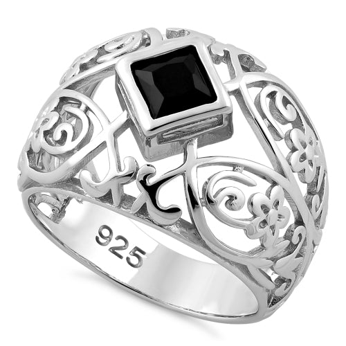 Sterling Silver Fleur-de-lis Flower Black CZ Ring