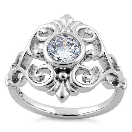 Sterling Silver Fleur-de-lis Vines Clear CZ Ring