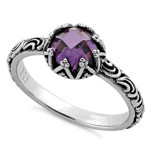 Sterling Silver Floral Purple CZ Ring