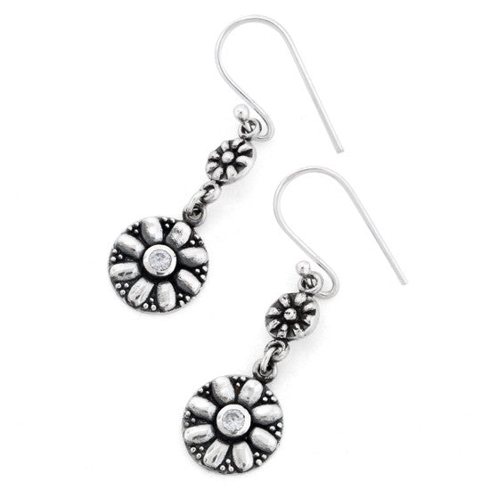 Sterling Silver Flower Clear CZ Oxidized Dangle Earrings
