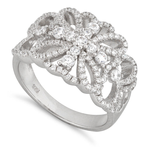 Sterling Silver Flower Cross Pave CZ Ring