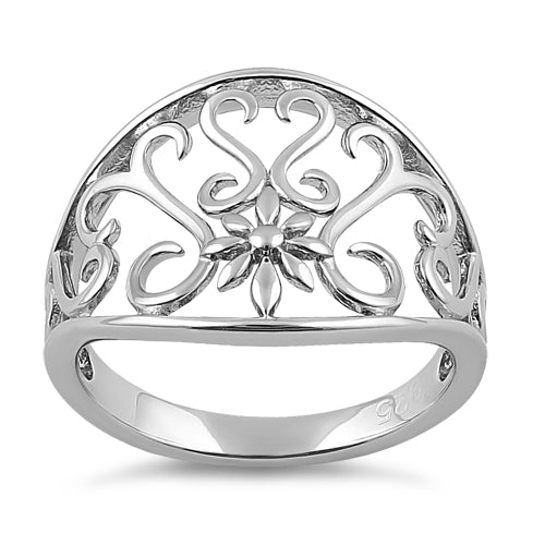 Sterling Silver Flower & Curly Vines Ring