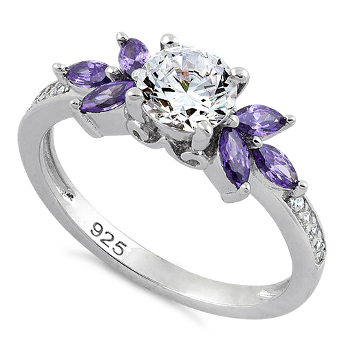 Sterling Silver Flower Leaves Amethyst Clear CZ Ring