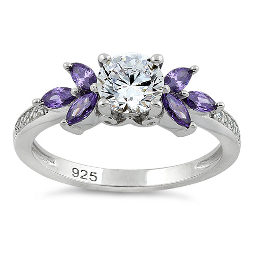 Sterling Silver Flower Leaves Amethyst Clear CZ Ring